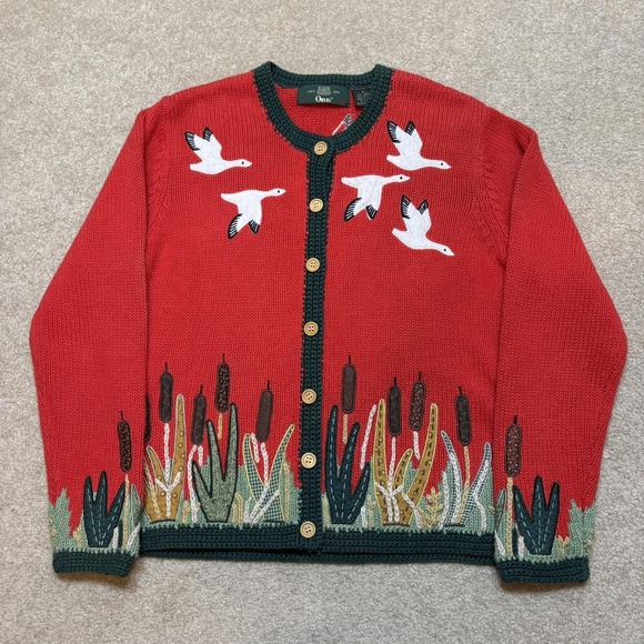 Orvis Sweaters - Vtg Orvis Cardigan Sweater Womens Small Red Birds Embroidered Knit Nature 80s